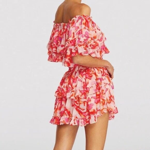 Misa Los Angeles Isella Maldive Marble Floral Off-Shoulder Ruffle Mini Dress M - Picture 8 of 16